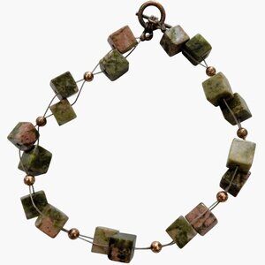 Unakite Copper Bracelet Cube Bead Illusion Floating Toggle Clasp 8 inch